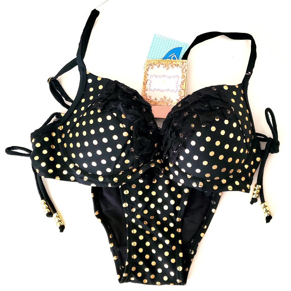 RIVIERA black lace gold polka dots bikini swim SET NWT top + bottom